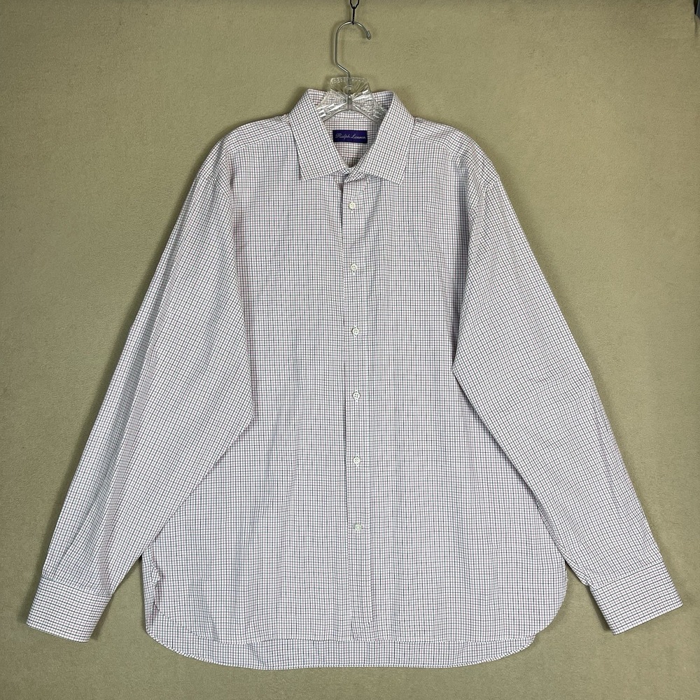 Ralph Lauren Purple Label Shirt Men 17.5 White Red Tattersall Check Cotton Italy